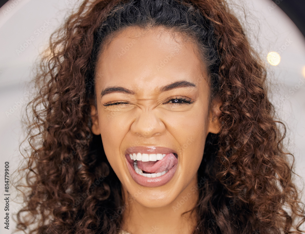 Emoji face, woman and happy in studio for skincare, beauty and cosmetics or collagen for wellness. Gen Z, Brazilian female person and excited for dermatology, glow and microblading results in salon Emoji face, woman and happy in studio for skincare, beauty and cosmetics or collagen for wellness. Gen Z, Brazilian female person and excited for dermatology, glow and microblading results in salon
