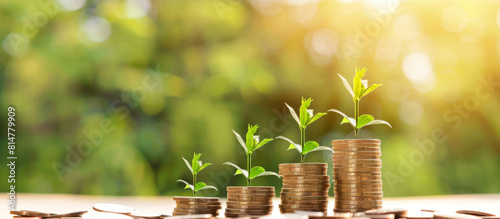Trees grow on piles of gold coins on the ground, business growth tips. Investment in agribusiness and agricultural processing