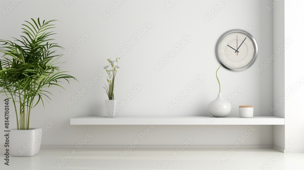 Fototapeta premium A minimalist bedroom with a wall recessed shelf and a designer clock