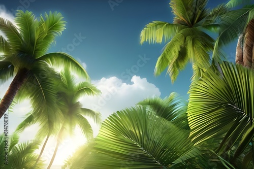 Close-up of palm tree leaves against a brilliant blue background  professional  sharp floral design  banner-style