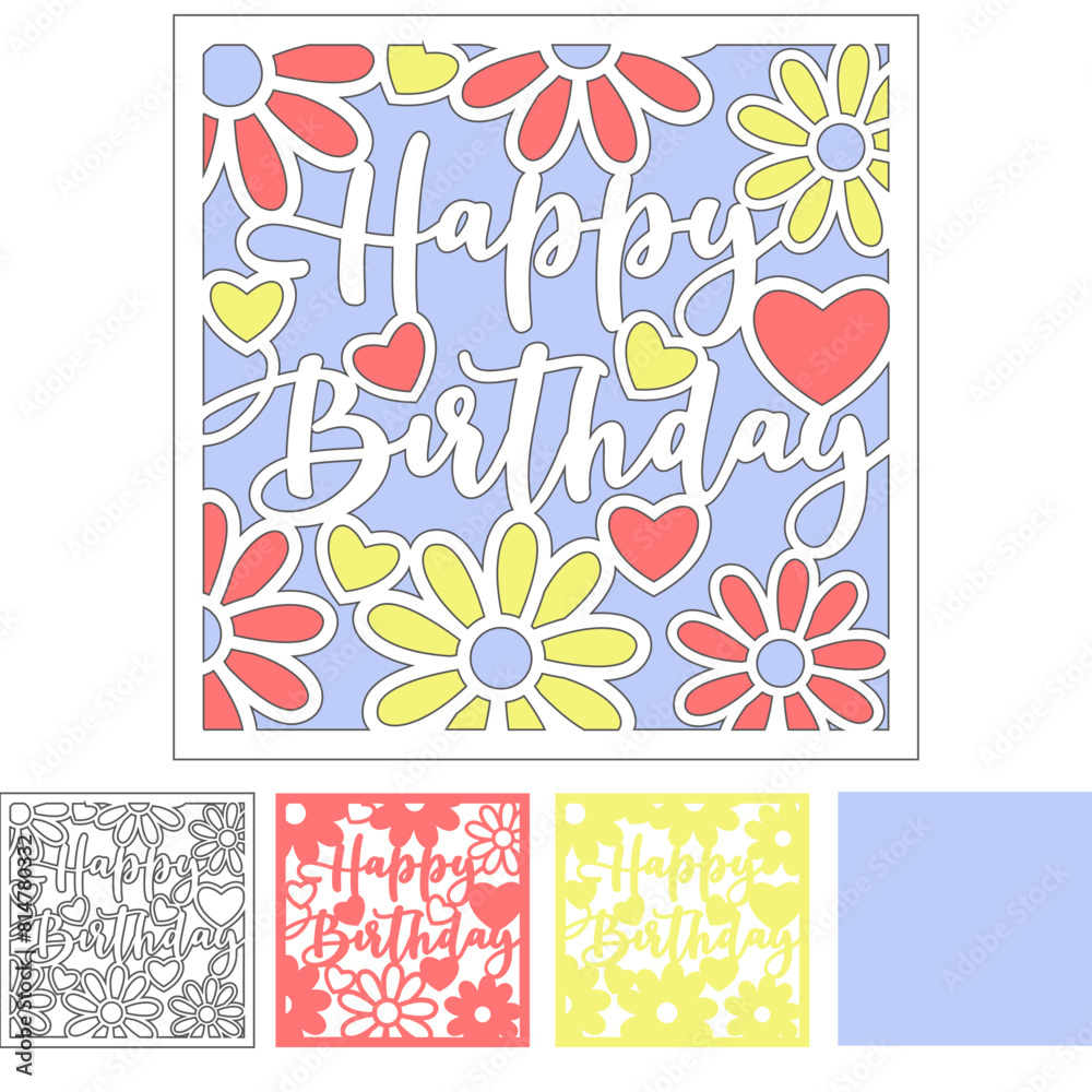 Happy birthday card svg, Layered paper cut template, Flowers card design