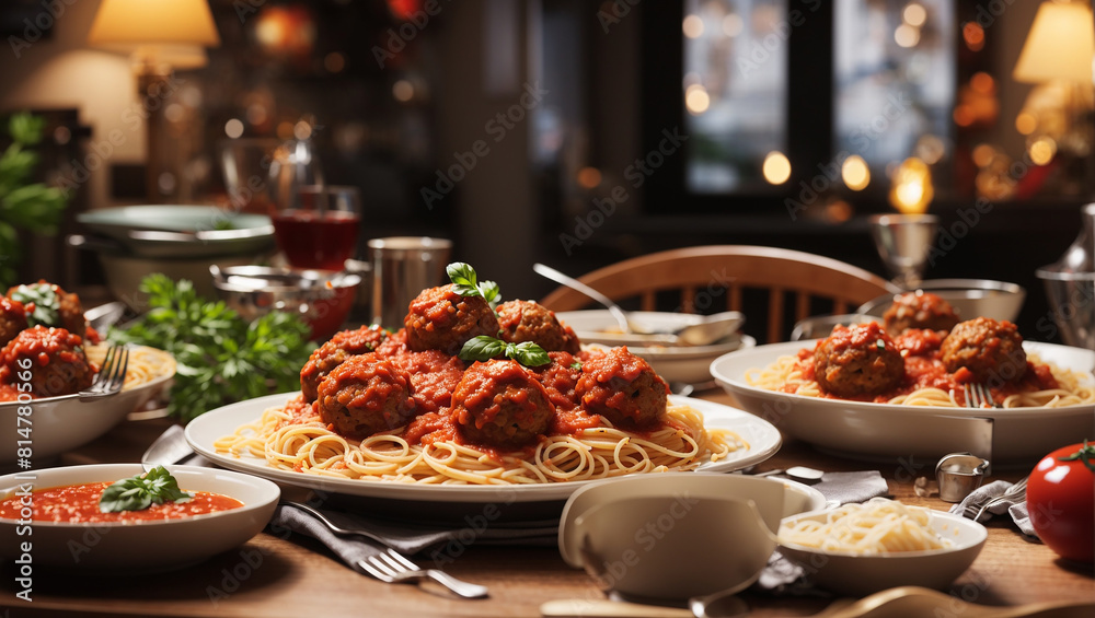 There are several plates of spaghetti and meatballs on a table. Some of the plates only have spaghetti, while others only have meatballs. There are also glasses of red wine on the table