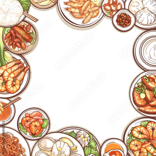 Depiction of various seafood and noodle dishes with central white space on each plate isolated dish frame for food event invitation