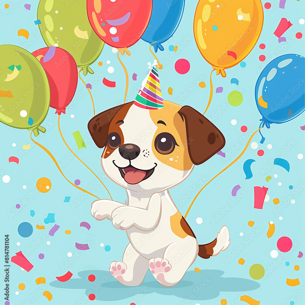 Cute cartoon dog with balloons and confetti. Vector illustration. Cute cartoon dog with balloons and confetti. Vector illustration.