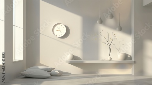 A minimalist bedroom with a wall recessed shelf and a designer clock photo