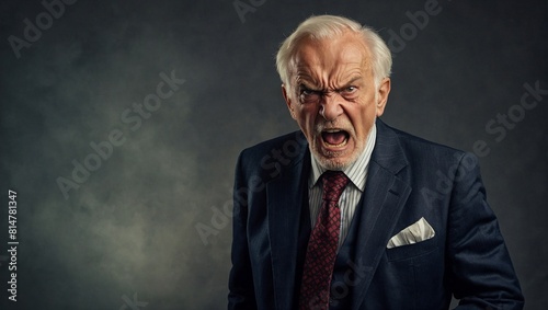 Very angry, old gray man in suit, yelling and expresses extreme emotions © Konrad