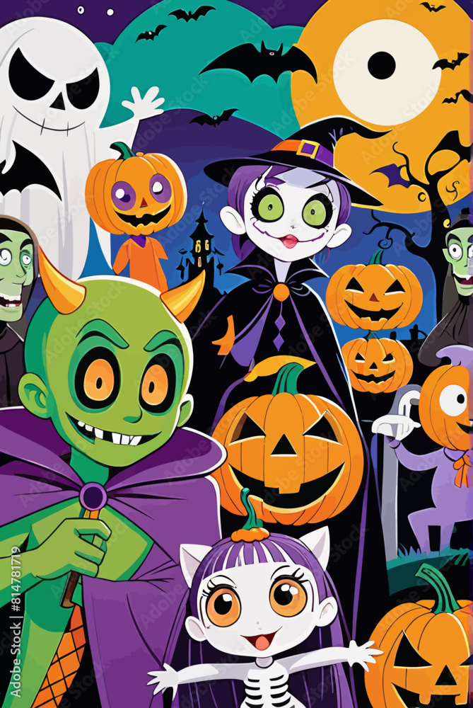 a group of halloween characters standing in front of a full moon a group of halloween characters standing in front of a full moon