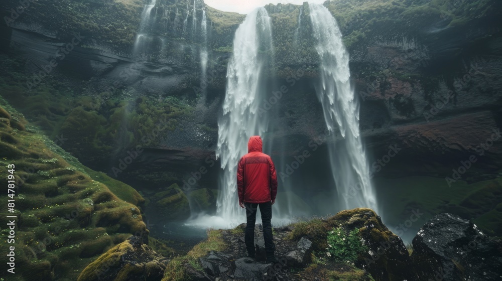 Obraz premium A man is standing at the base of a powerful waterfall, surrounded by mist and roaring water.