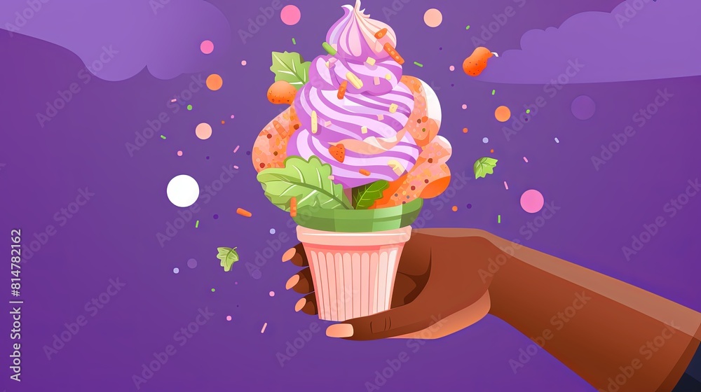 Sundae Inhang Hand holding a colorful ice cream sundae with toppings against a purple ...