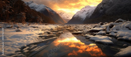 Beautiful landscape with high mountains with blazing peaks covered in snow, rocks in mountain lake, reflection, blue sky and yellow sunlight and frozen lake