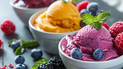 Three bowls filled with creamy ice cream topped with fresh berries and sprigs of mint.