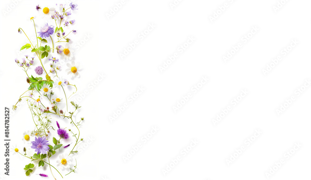 Background with flowers, Eco-Friendly Composition of Floating Chamomile, Hop, Passionflower, and Valerian with Space for Text 