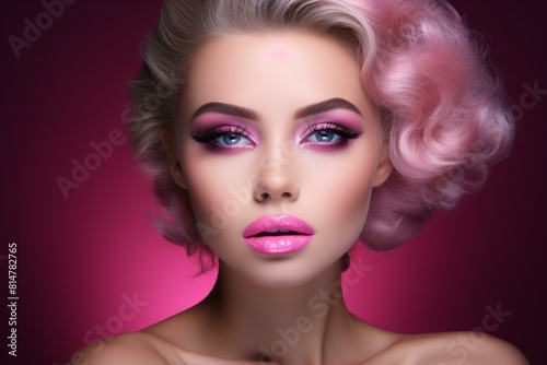 Stunning close-up of a woman with vibrant pink makeup and perfectly styled hair