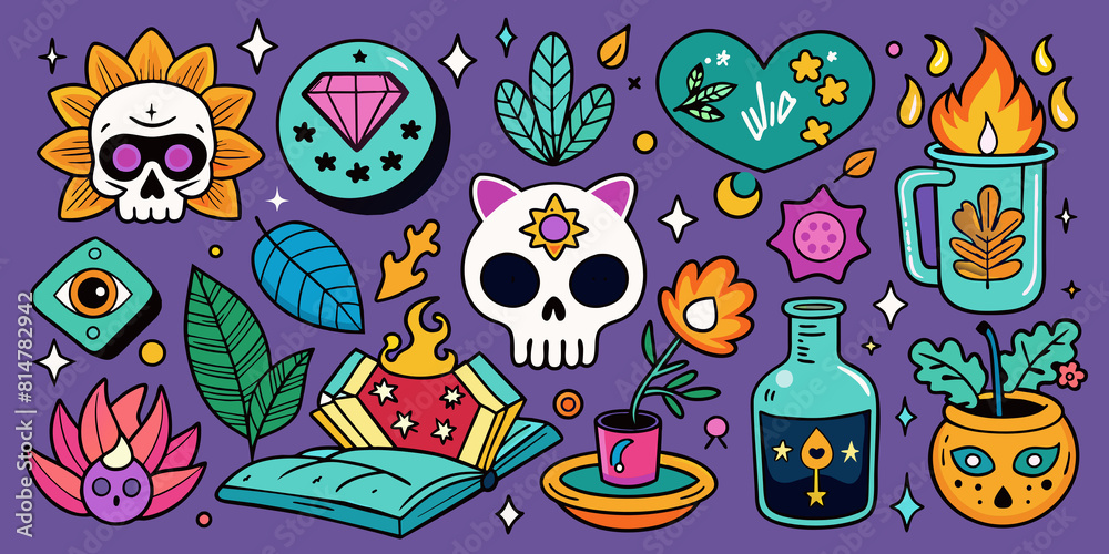 Cartoon set of stickers of magic and witchcraft.