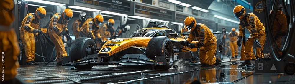 Pit Stop Perfection Illustrate a futuristic pit stop, where teams of engineers and mechanics work quickly and efficiently to refuel and repair the hightech race cars, showcasing the teamwork and preci Pit Stop Perfection Illustrate a futuristic pit stop, where teams of engineers and mechanics work quickly and efficiently to refuel and repair the hightech race cars, showcasing the teamwork and preci