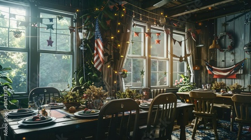 Cozy Fourth of July dinner table by a window decorated with starspangled garlands, patriotic banners, and themed table settings