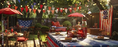 Fourth of July backyard barbecue with festive decorations, red, white, and blue banners, and patriotic table settings