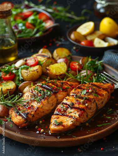Grilled Salmon Fish Tuna Food Salad Vegetables and Side Dishes in a Restaurant