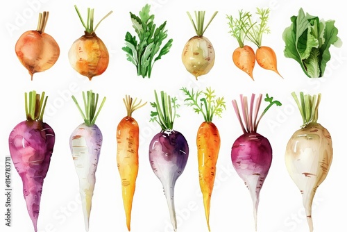 A beautiful set of watercolor root vegetables, each rendered with exquisite detail, displayed on an isolated white background photo
