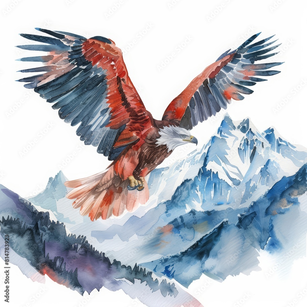 Obraz premium A beautiful watercolor portrait of a majestic eagle soaring above mountain peaks, with detailed feathers, isolated minimal with white background