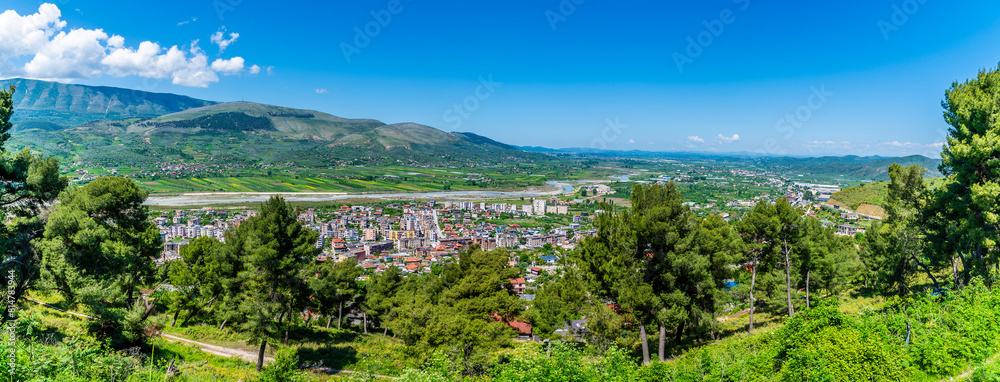 A panorama view from the castle overlooking the northern side of Berat, Albania in summertime