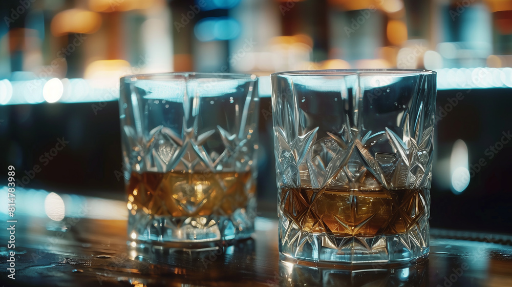 Two glasses of whiskey are on a bar counter Two glasses of whiskey are on a bar counter
