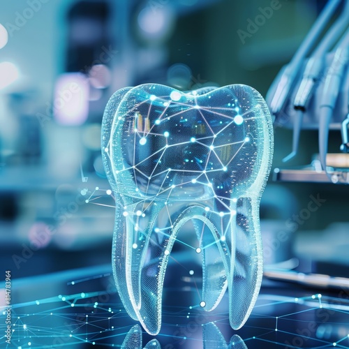 A bright digital display analyzes the molecular composition of tooth enamel, enhancing understanding of dental health, Sharpen close up hitech concept with blur background photo