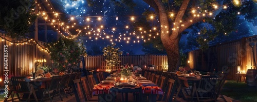 Patriotic Fourth of July backyard dinner with themed decorations  starspangled table settings  and cozy ambiance