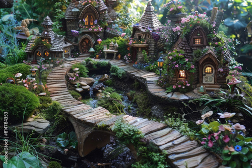 An enchanting fairy garden adorned with whimsical miniature houses, winding pathways, and lush greenery, inhabited by tiny figurines.
