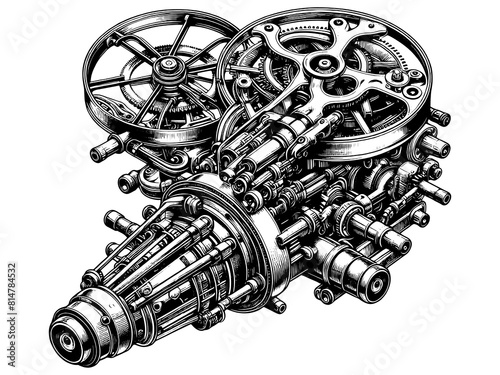 Old video camera with a complex mechanism. Sketch board imitation. Raster  generative ai.