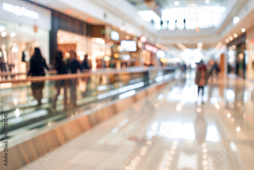 Blurred big sales on Black Friday. A long light floor in the mall with shops for buyers. Sale of clothing in a modern shopping center. The main background for the design. Shopping. Copyspace