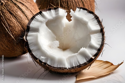 Isolated coconuts against a white backdrop.Nature's bounty, cracked coconut is tasty, nutritious, and tropical. An organic and freshly made gourmet creation.

 photo