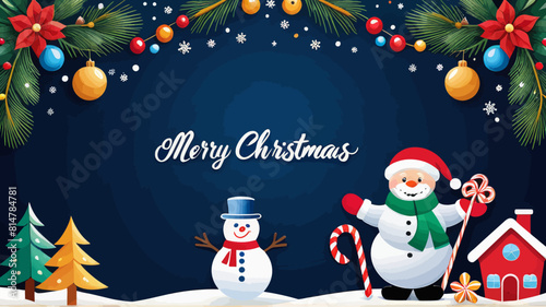 a merry christmas card with a snowman and a snowman holding a candy cane