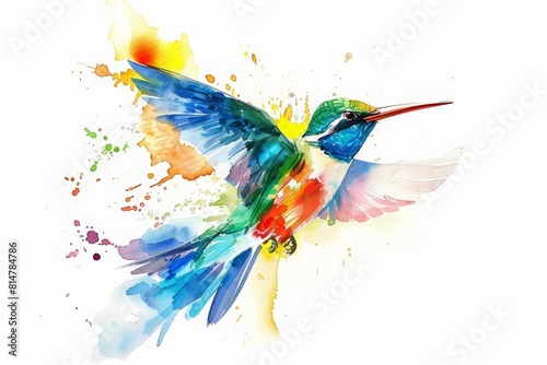 A fascinating watercolor of a tropical bird in midflight, its feathers a kaleidoscope of colors, isolated with a white background photo