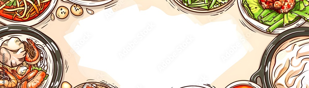 Obraz premium Illustrated seafood and noodle dishes with white space in the center of each plate isolated dish frame for food event invitation