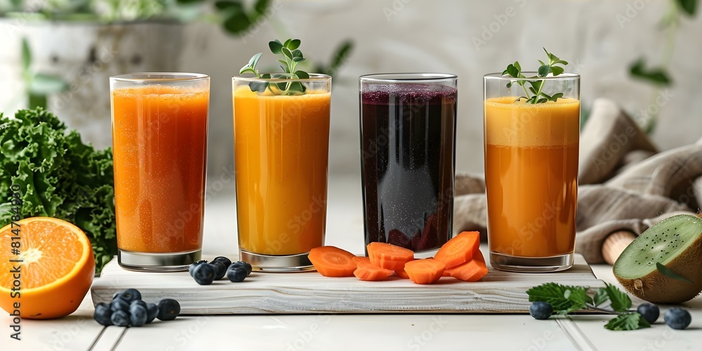 Fototapeta premium Elevated Cold-Pressed Juices in a Contemporary White Kitchen with Sophisticated Flavors. Concept Food Photography, Drink Menu, Gourmet Culinary Creations, Kitchen Aesthetics