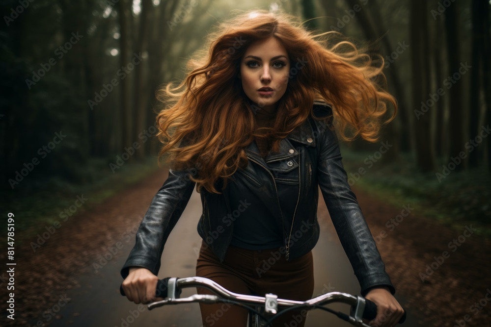 Obraz premium Captivating woman with vibrant red hair rides a bicycle on a foggy forest path