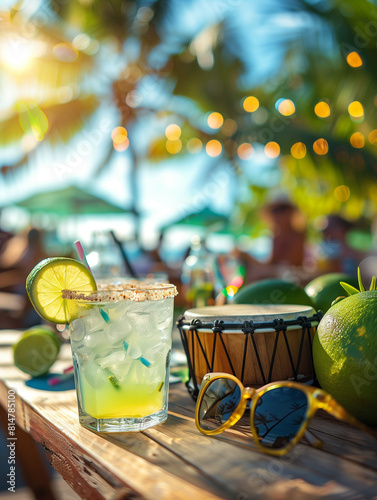 Afternoon Garden Party with Drinks Bongos and Sunglasses on a Tropical Sunny Day