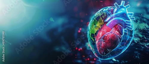 A futuristic image of Earths medical technology blends heart holograms with ecological concepts, highlighting a banner with copy space for future healthcare innovations photo