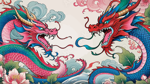 a painting of two dragon fighting each other photo