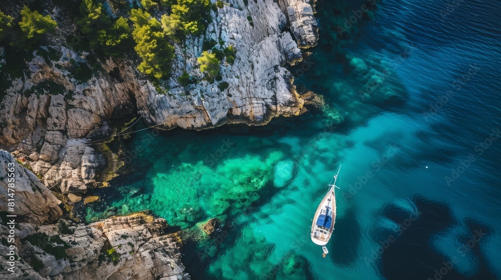 A boat sails in the water near a steep cliff in this aerial view.