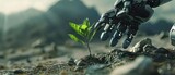 A robotic hand delicately plants a seedling, merging technology with environmental stewardship on a barren digital landscape