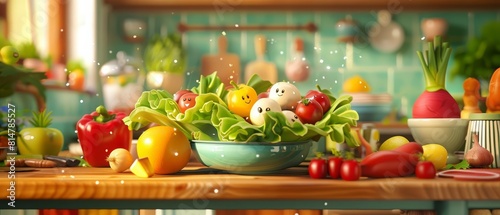 A playful and engaging scene of lettuce wraps being prepared by cheerful cartoon vegetables, set in a lively kitchen environment