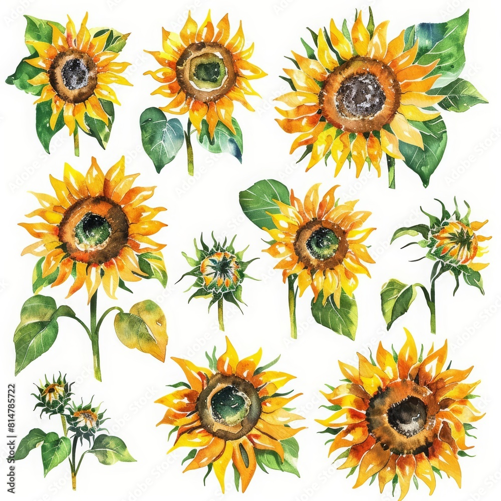 A set of water color of sunflowers turning towards the sun, reflecting optimism and the energy of a bright, sunny day, Clipart isolated concept minimal with white background A set of water color of sunflowers turning towards the sun, reflecting optimism and the energy of a bright, sunny day, Clipart isolated concept minimal with white background