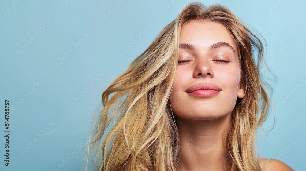 A photograph of a woman with vibrant, healthy-looking hair after using the new shampoo A photograph of a woman with vibrant, healthy-looking hair after using the new shampoo