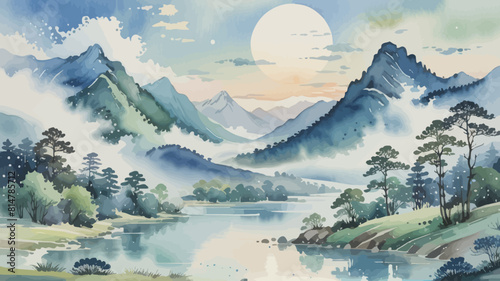 a painting of a mountain landscape with a lake in the foreground