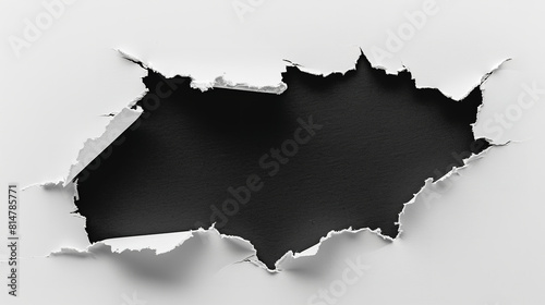 a white piece of paper with black hole in the middle, ripped from edges, white background photo