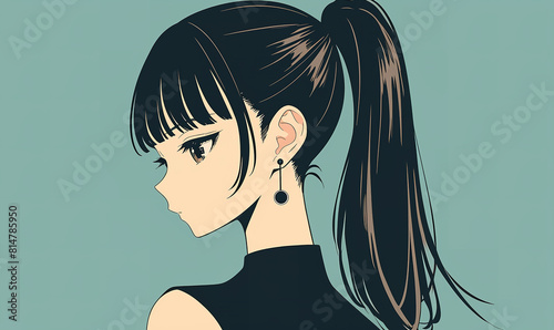 anime style. Cute young woman with ponytail style on a simple one color background