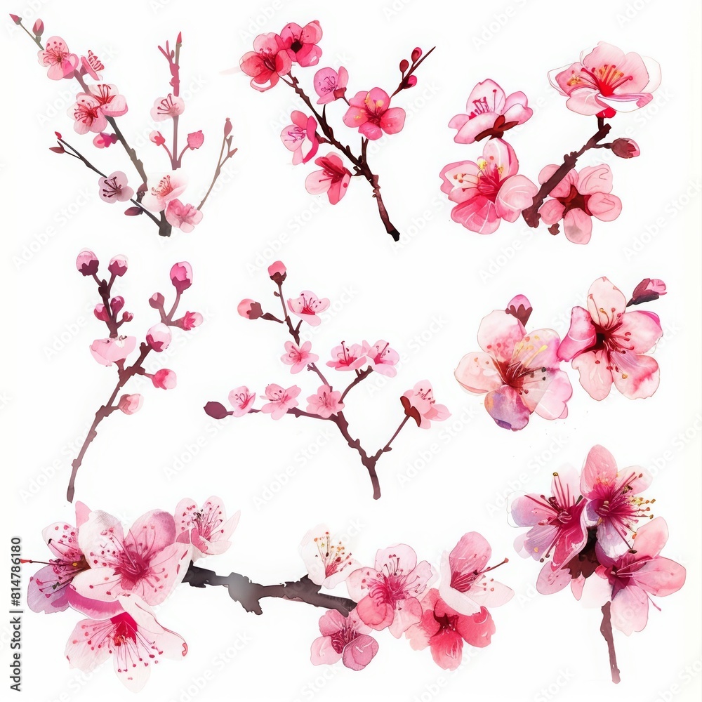 A set of water color of cherry blossoms in full bloom