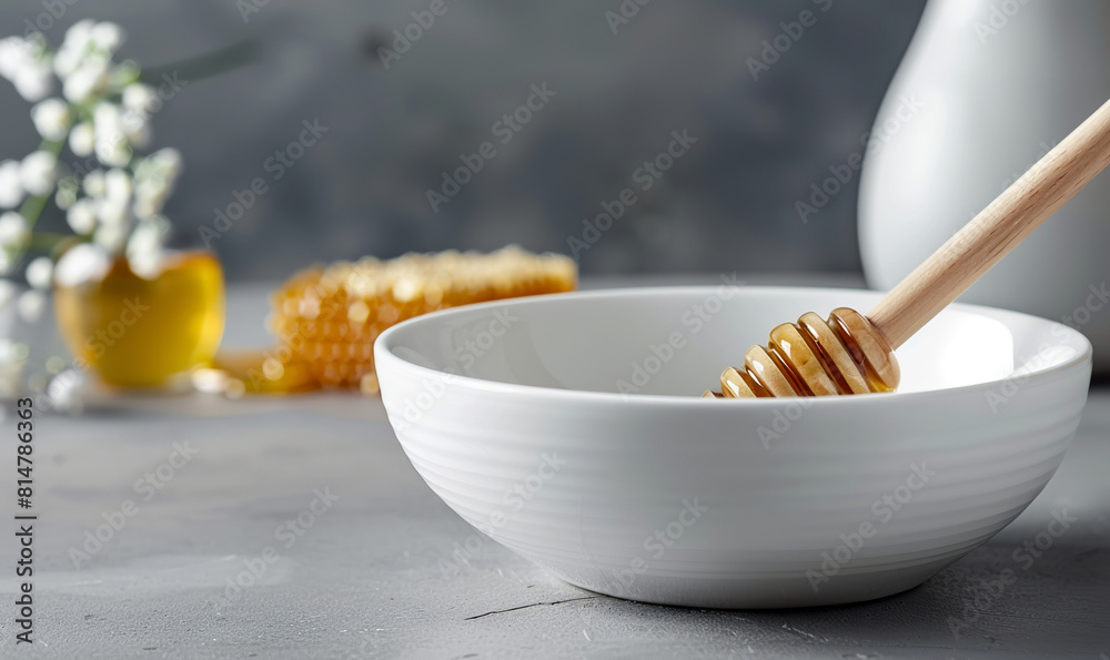 fresh honey in white bowl with honeycomb and wooden dipper fresh honey in white bowl with honeycomb and wooden dipper